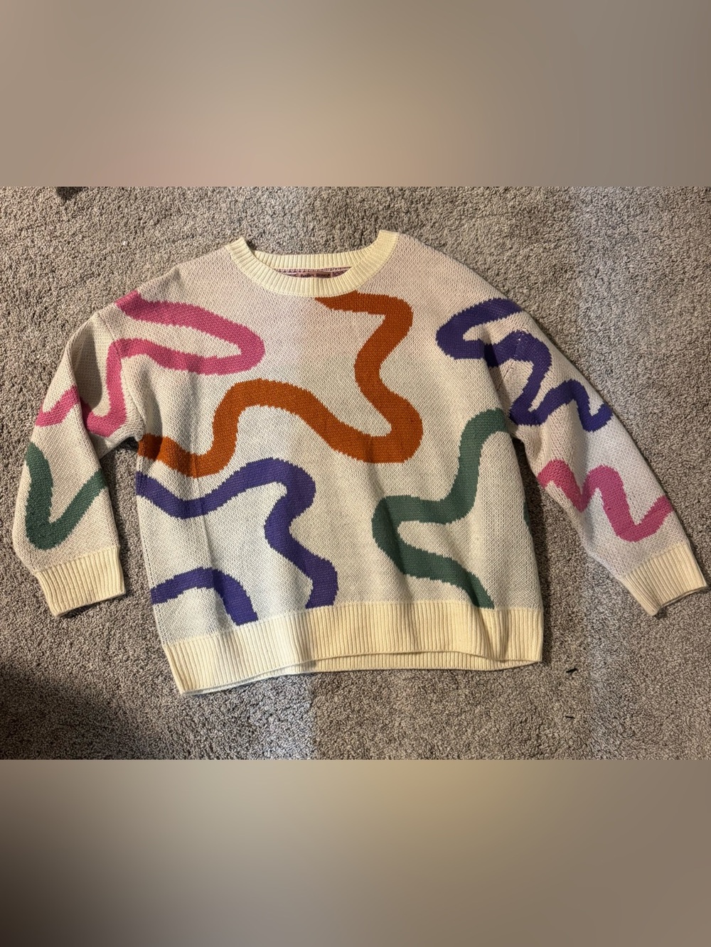Bailey Rose Cream Sweater with Multicolor Abstract Waves - Slight Oversized Fit